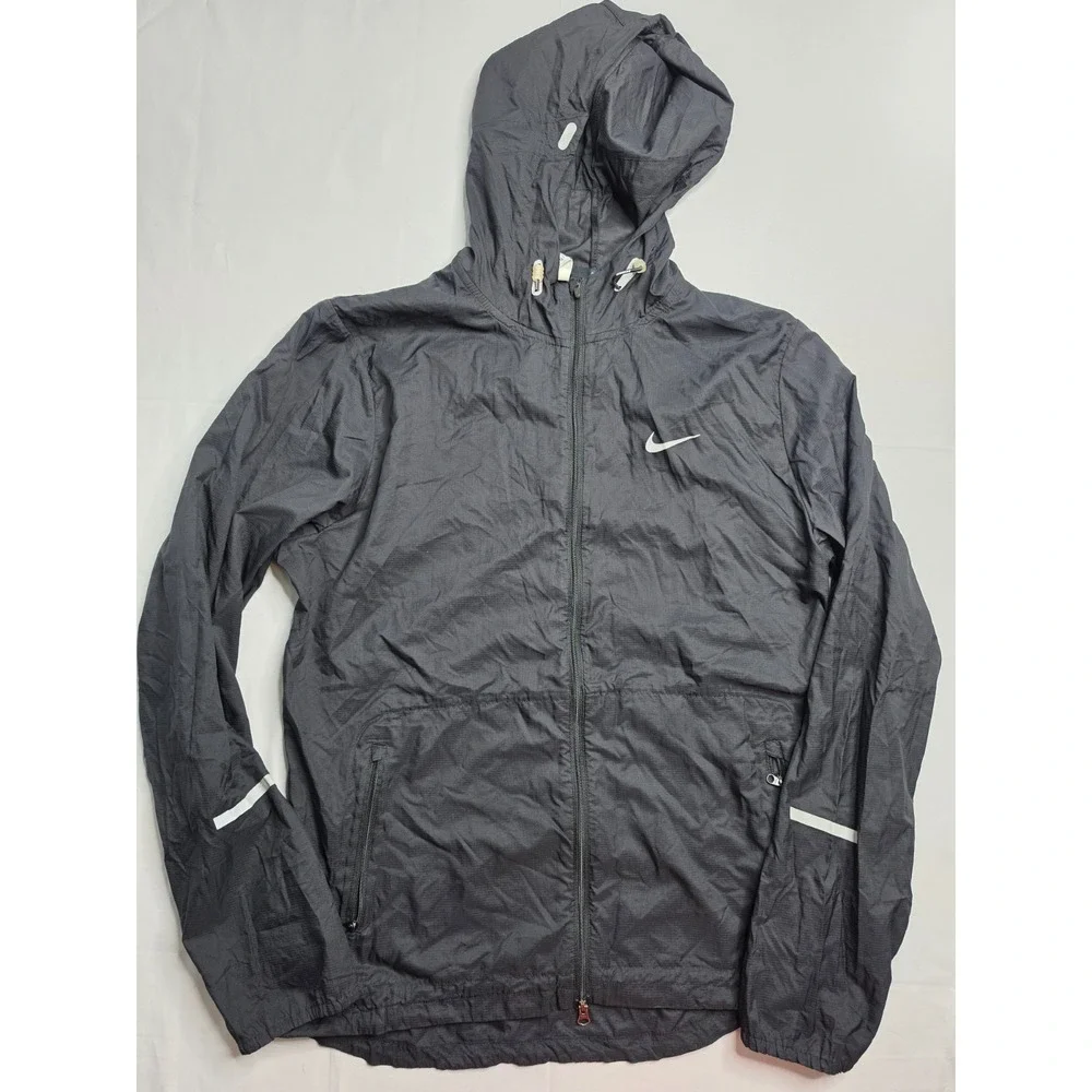 Nike Running Jacket Men's Medium Black Nylon Ripstop Hooded Full Zip Athletic